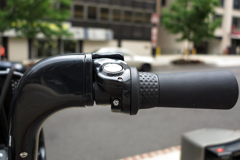 Right handgrip and 3-speed shifter on a Capital Bikeshare bike, in Washington, DC.